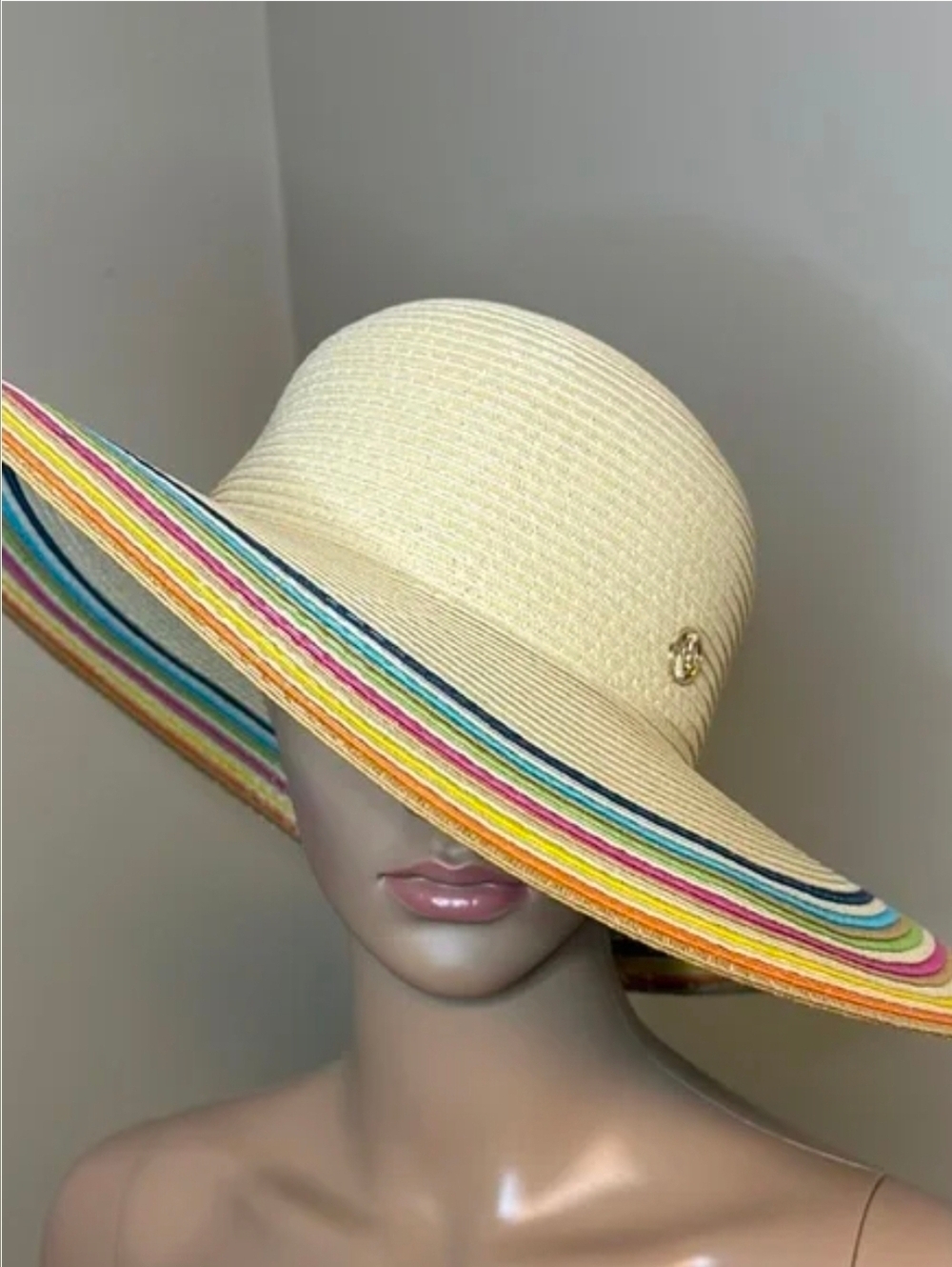 Adrienne Vittadini Straw Sun Hat w/Multicolor Stripe Edge Beach Poolside Beach